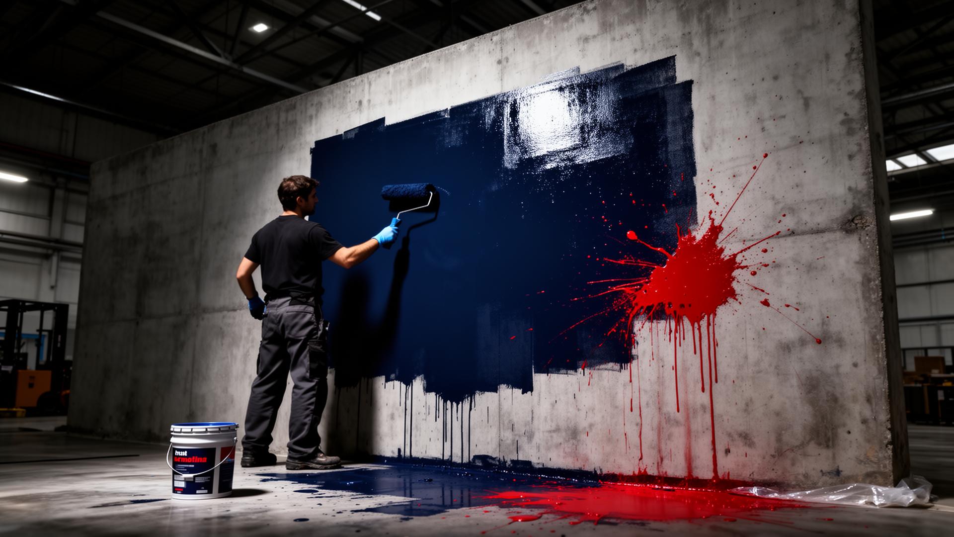 Pintor aplicando pintura SANHER en muro industrial